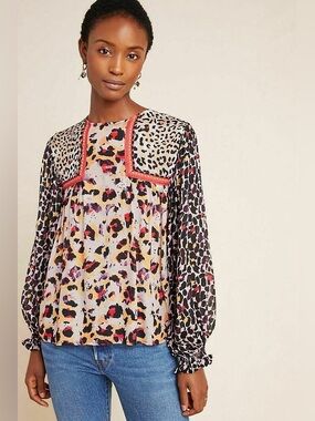 Anthropologie Joelle Leopard Peasant Blouse Miranda Size Small Petite